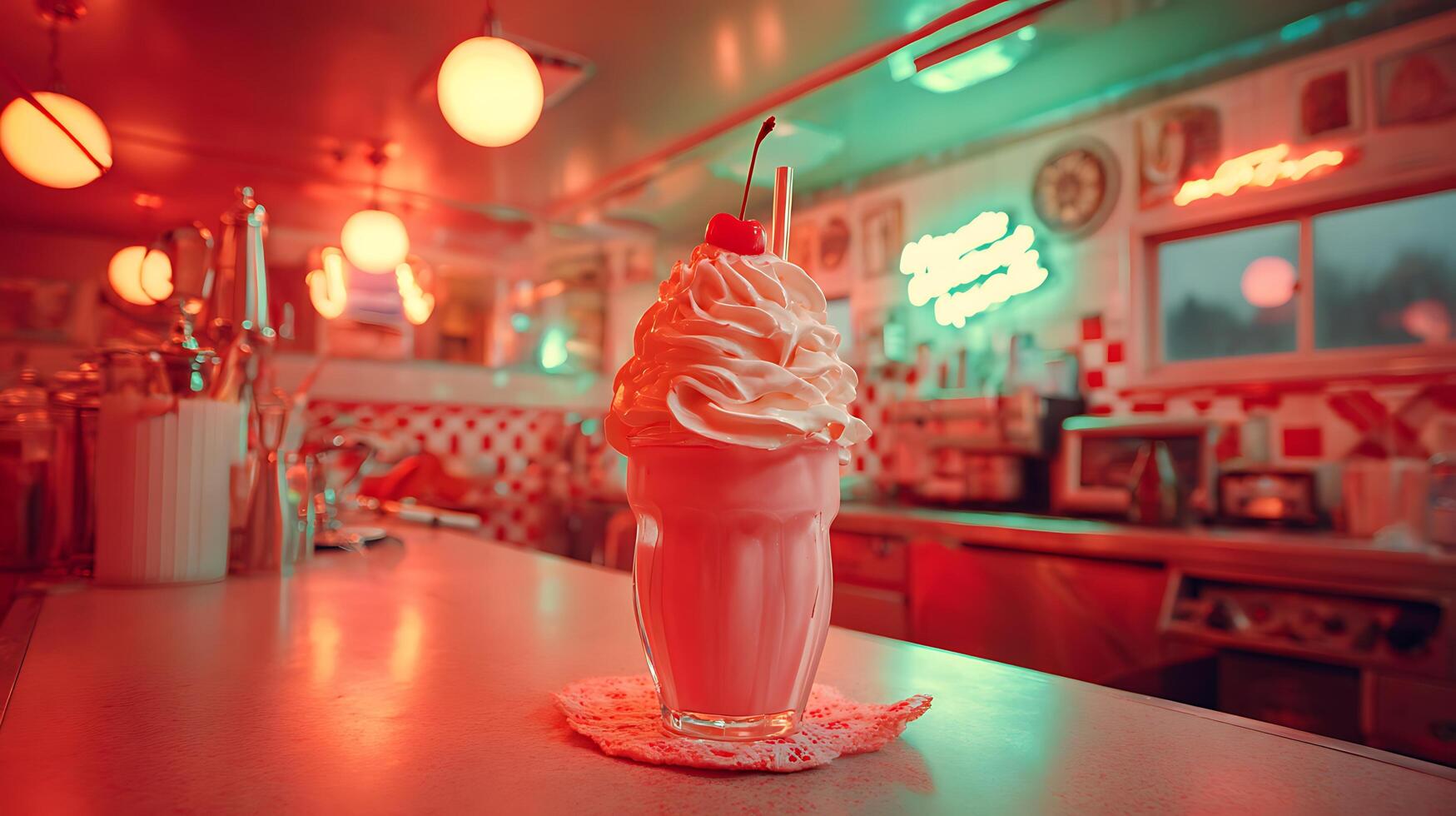 A Retro Diner Milkshake with Whipped Cream and Cherry. photo
