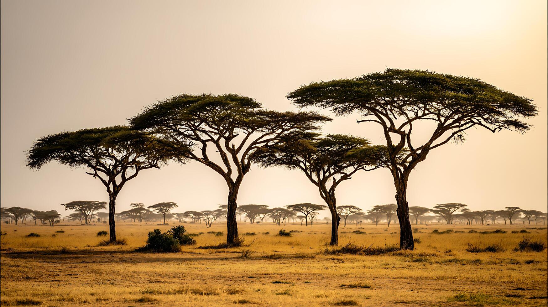 Iconic Acacia Trees Silhouette Against a Golden African Sunset. photo