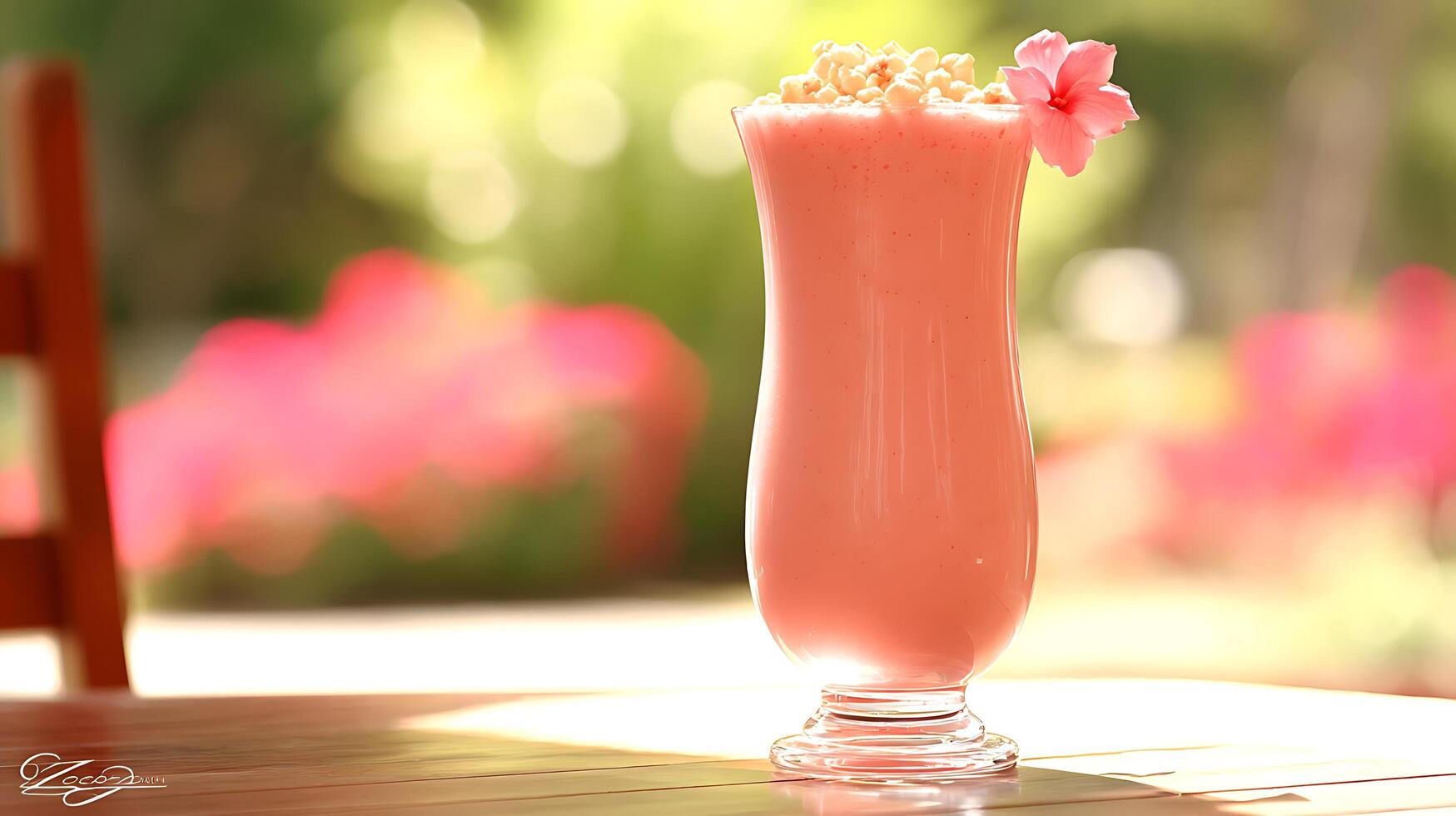 Refreshing Pink Smoothie with Flower and Crumbles Outdoors. photo