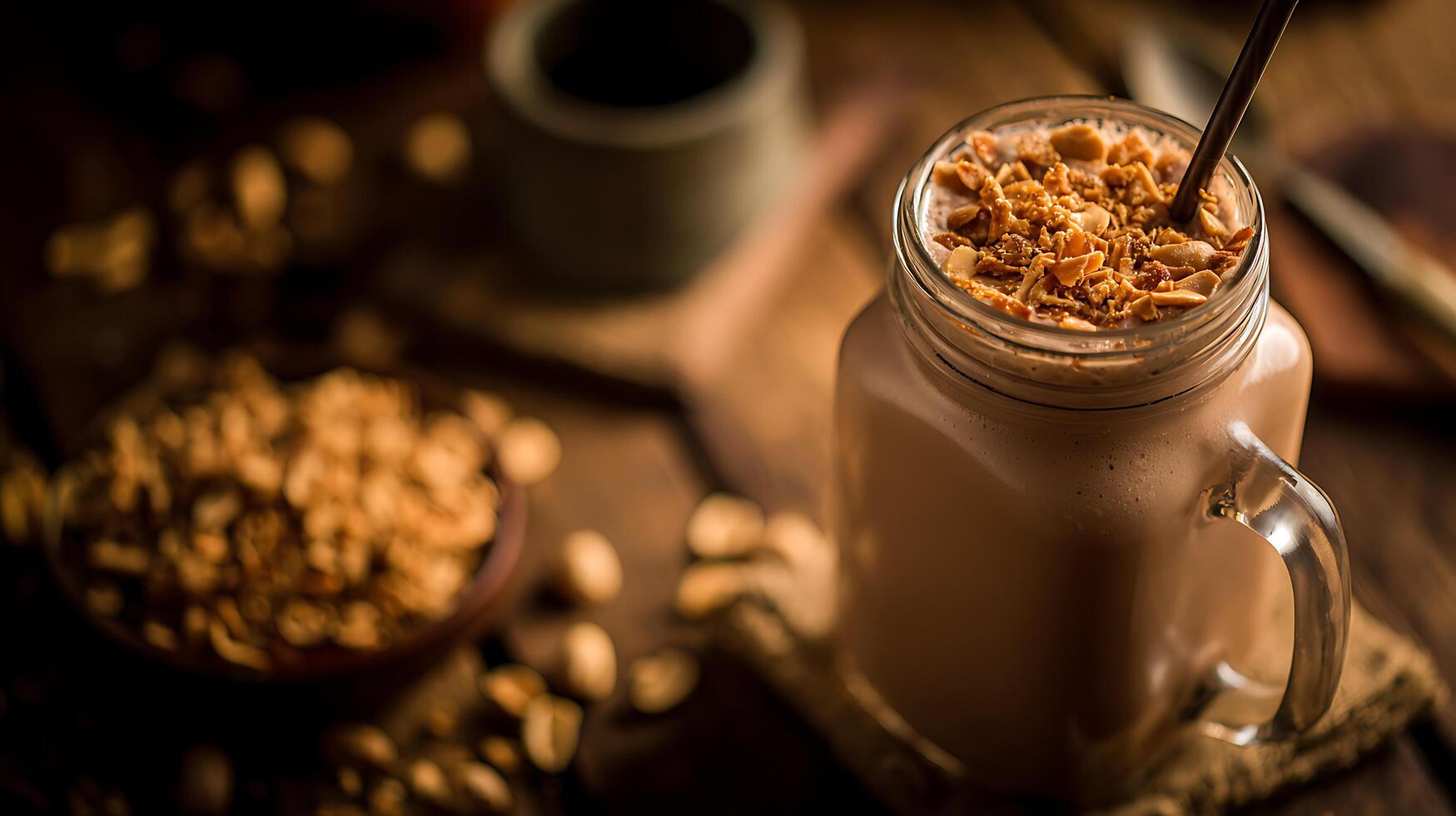 Rich Chocolate Peanut Butter Smoothie with Crunchy Topping for a Delicious Treat. photo