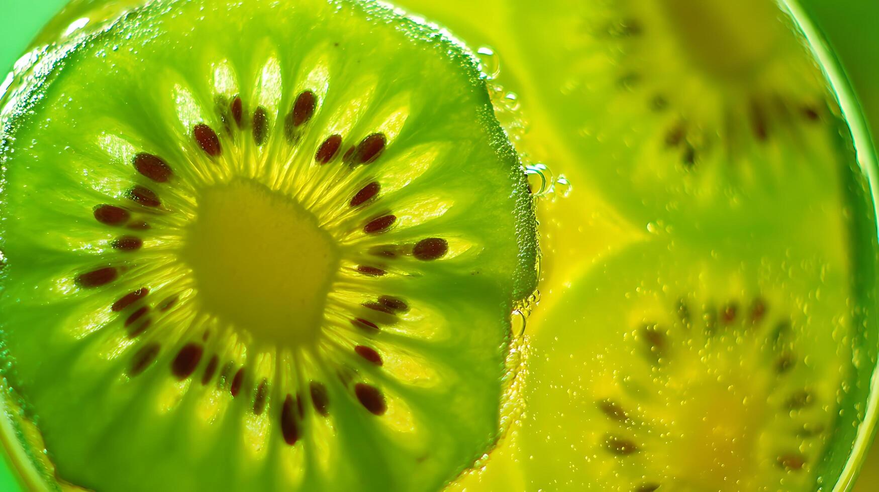 Close up of glowing kiwi slices in bubbly liquid. photo
