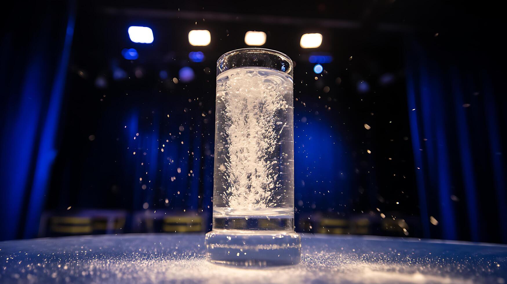 Sparkling Water in a Glass with Bubbles and Falling Glitter photo