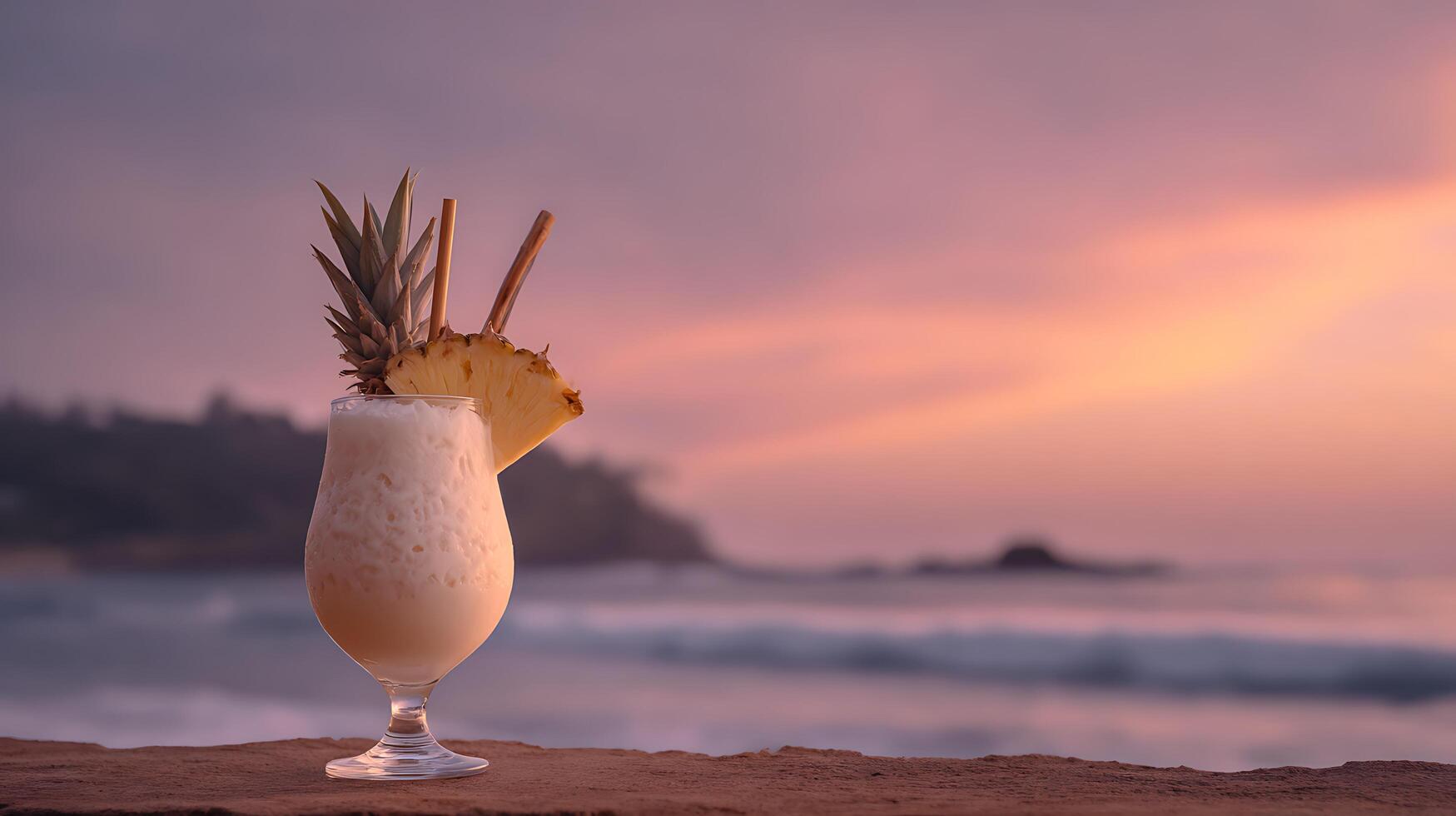 Tropical Cocktail by the Sea at Sunset for a Perfect Getaway. photo