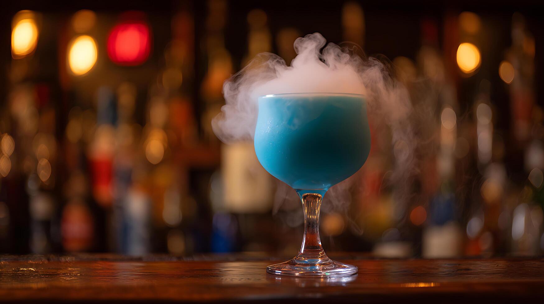 Mysterious blue drink with smoke effect in a dimly lit bar. photo