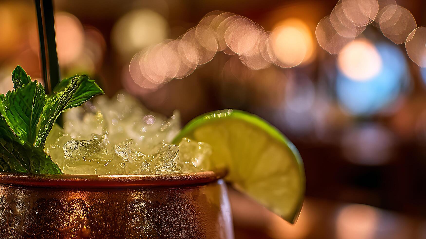 Refreshing Cold Cocktail with Mint and Lime in a Copper Mug. photo