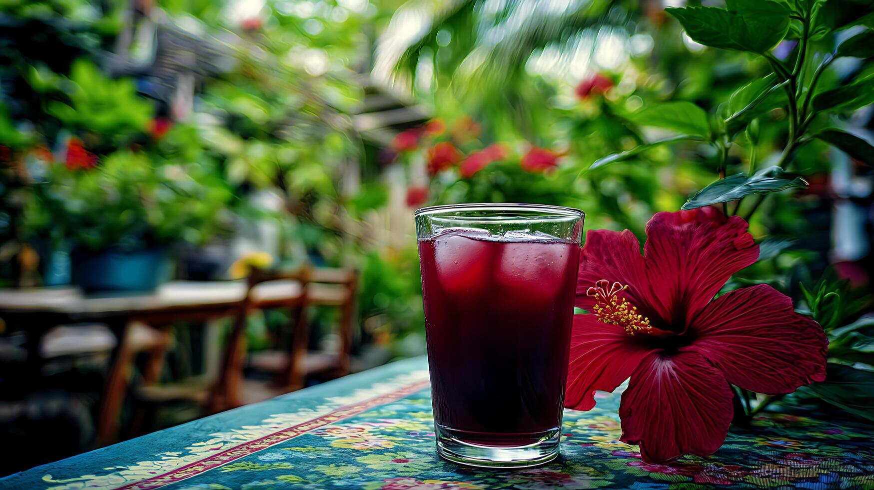 Refreshing Drink and Tropical Hibiscus Flower in a Lush Garden Setting. photo