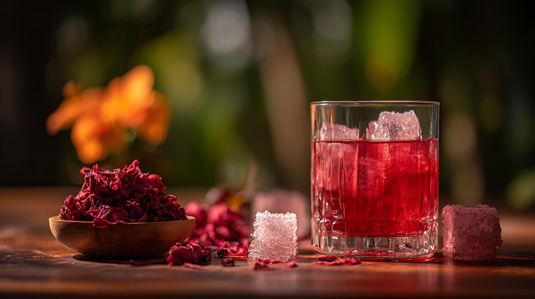 Refreshing Red Drink With Hibiscus And Ice Cubes on Wooden Table. photo