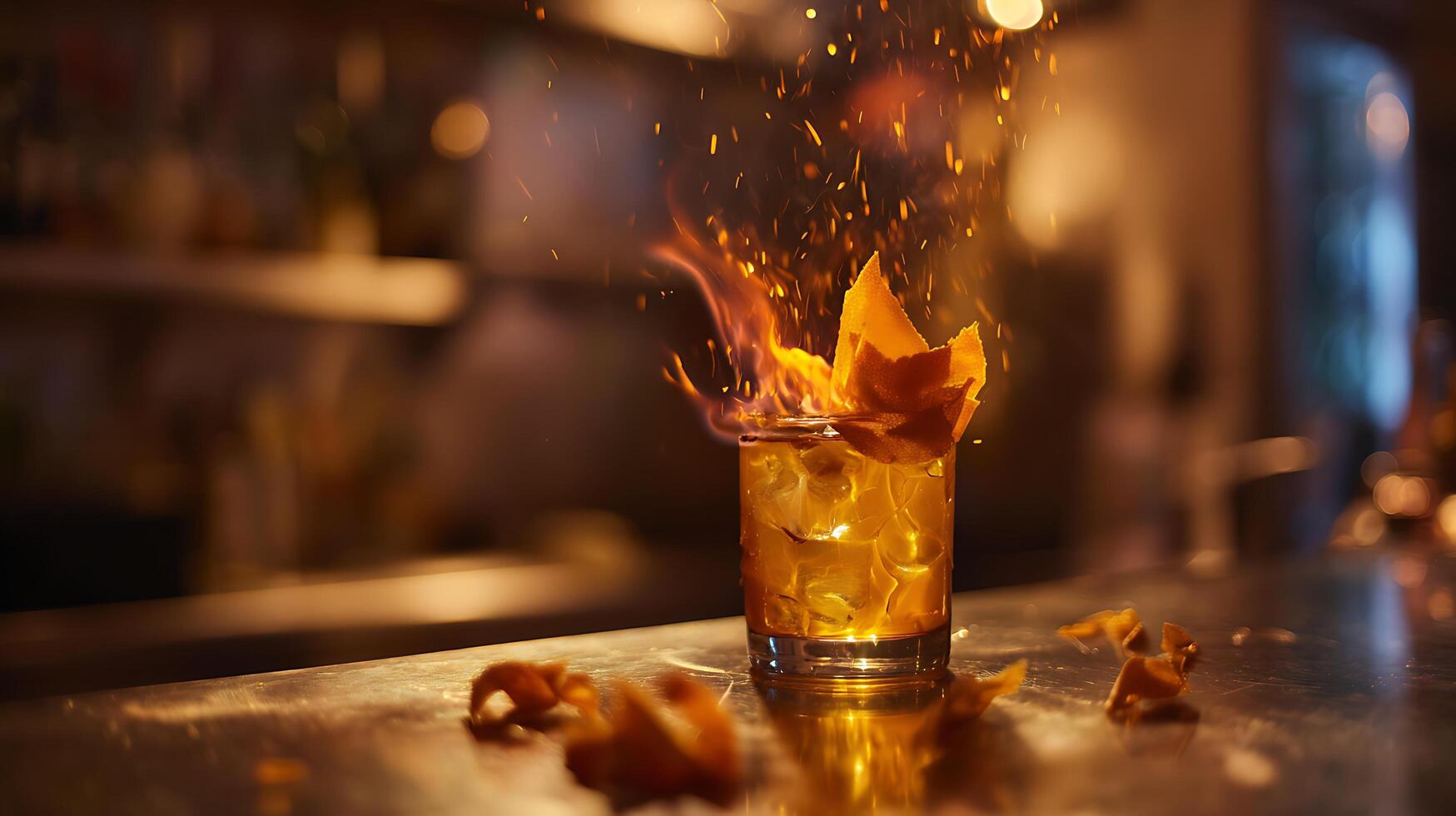 Drink on Fire A Fiery Cocktail Garnished with Orange Peel Sparks. photo