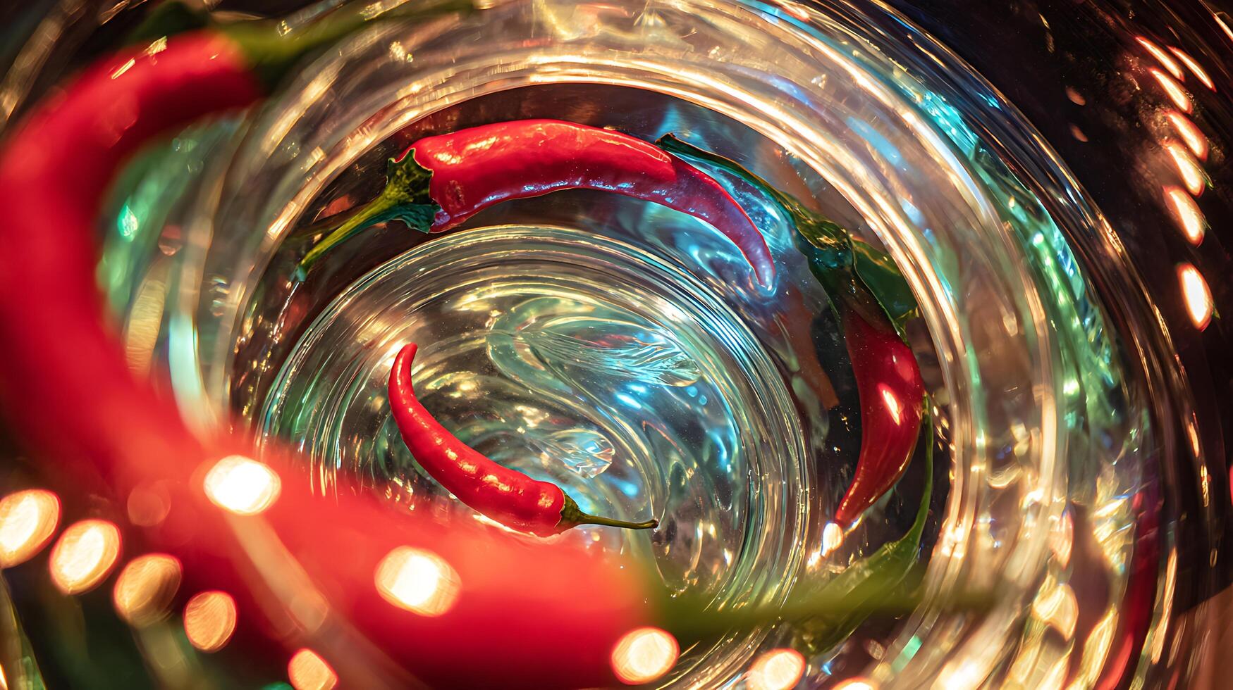 Fiery Red Chilies Swirling in a Glass Vessel with Amber Lights photo