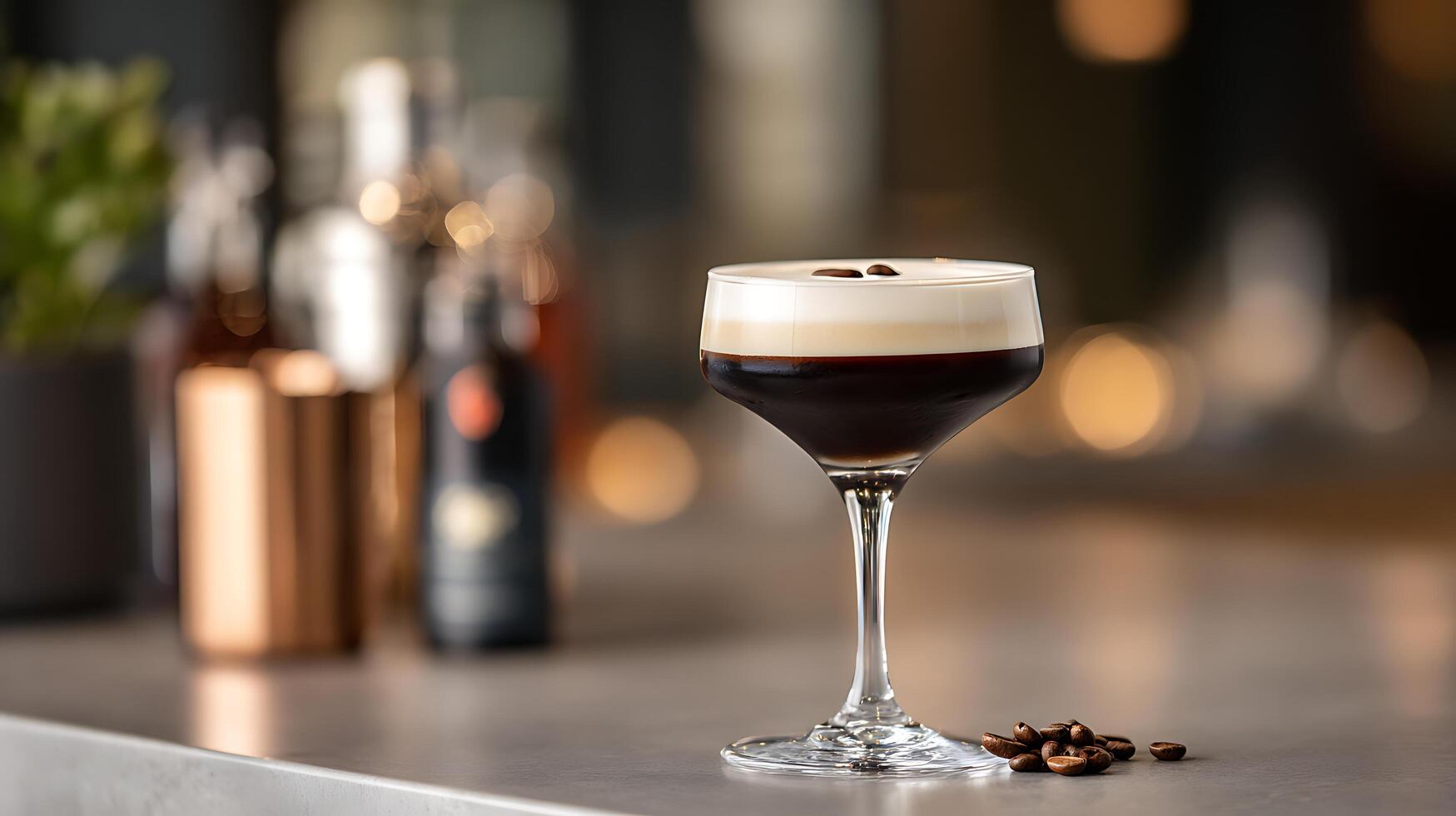 Sophisticated Espresso Martini Served with Coffee Beans and Bokeh Lights. photo