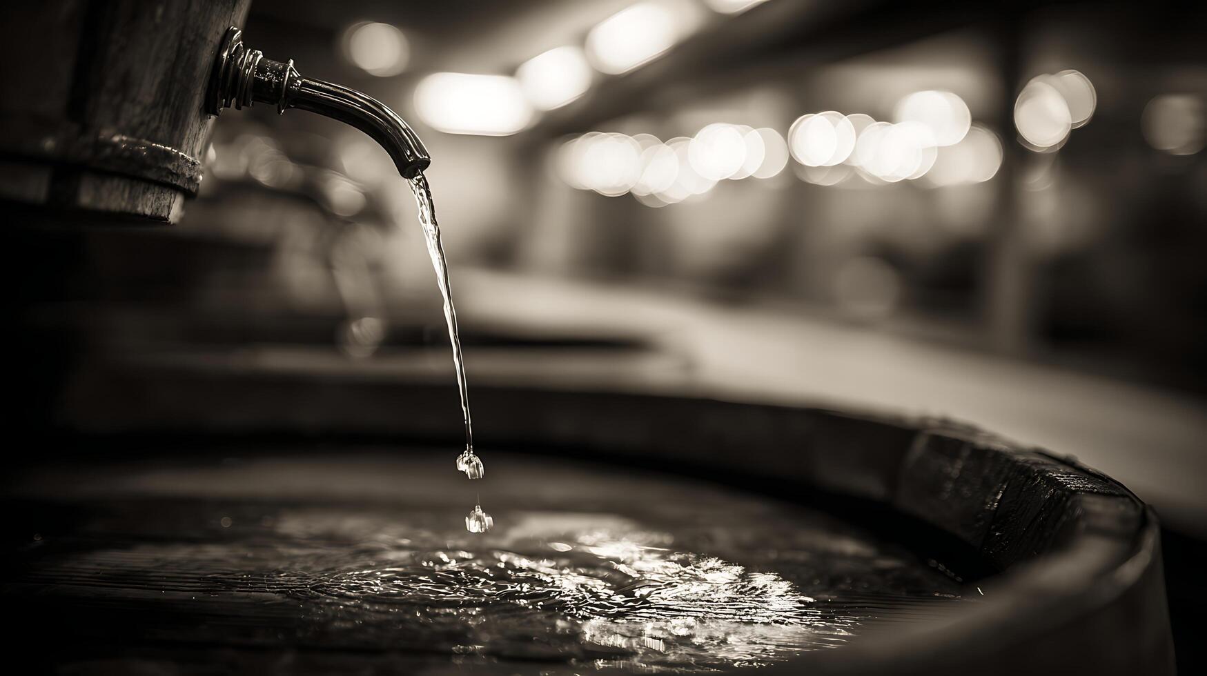 Water dripping from an antique wooden tap into a basin. photo