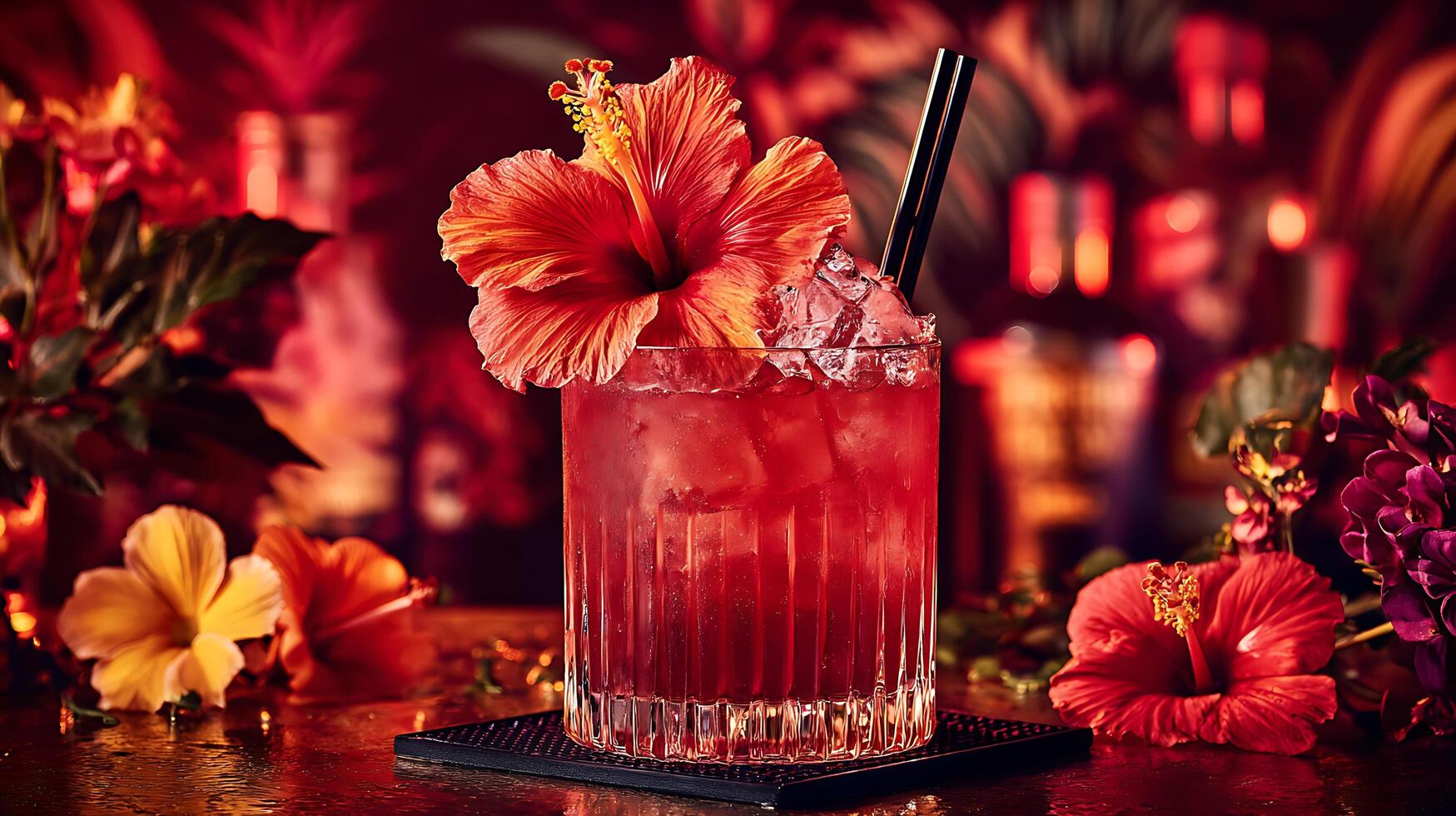 Tropical Red Drink with Hibiscus Flower and Ice in Dim Lighting. photo