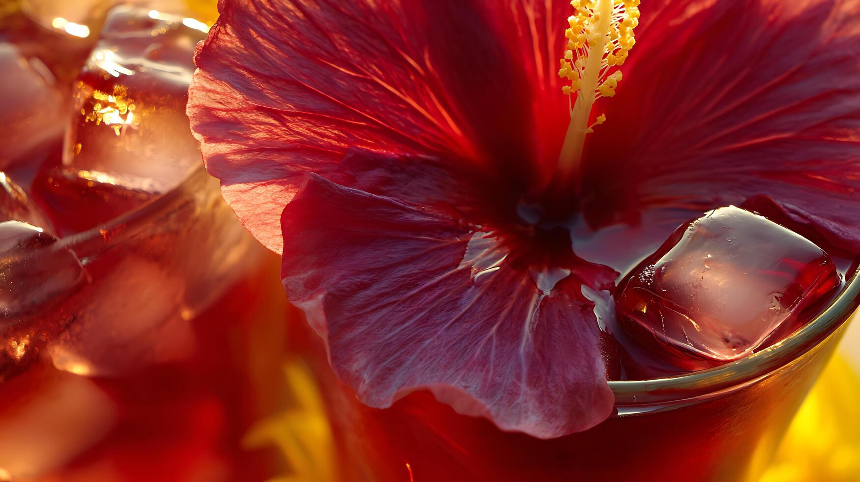 Refreshing Red Hibiscus Drink with Ice Cubes on a Sunny Day. photo