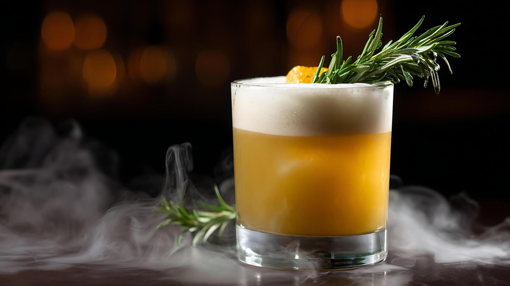 Refreshing Cocktail with Rosemary and Citrus Garnish and Smoked Ambiance. photo