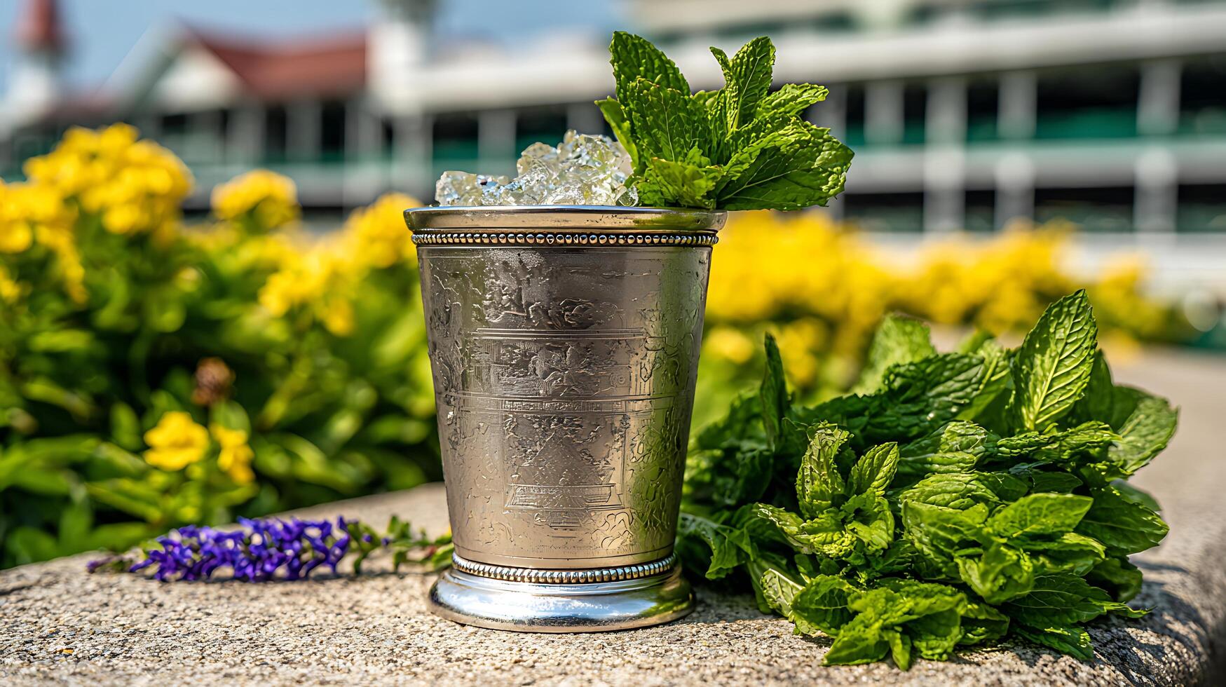 Refreshing Mint and Ice in an Ornate Metal Cup Outdoors. photo