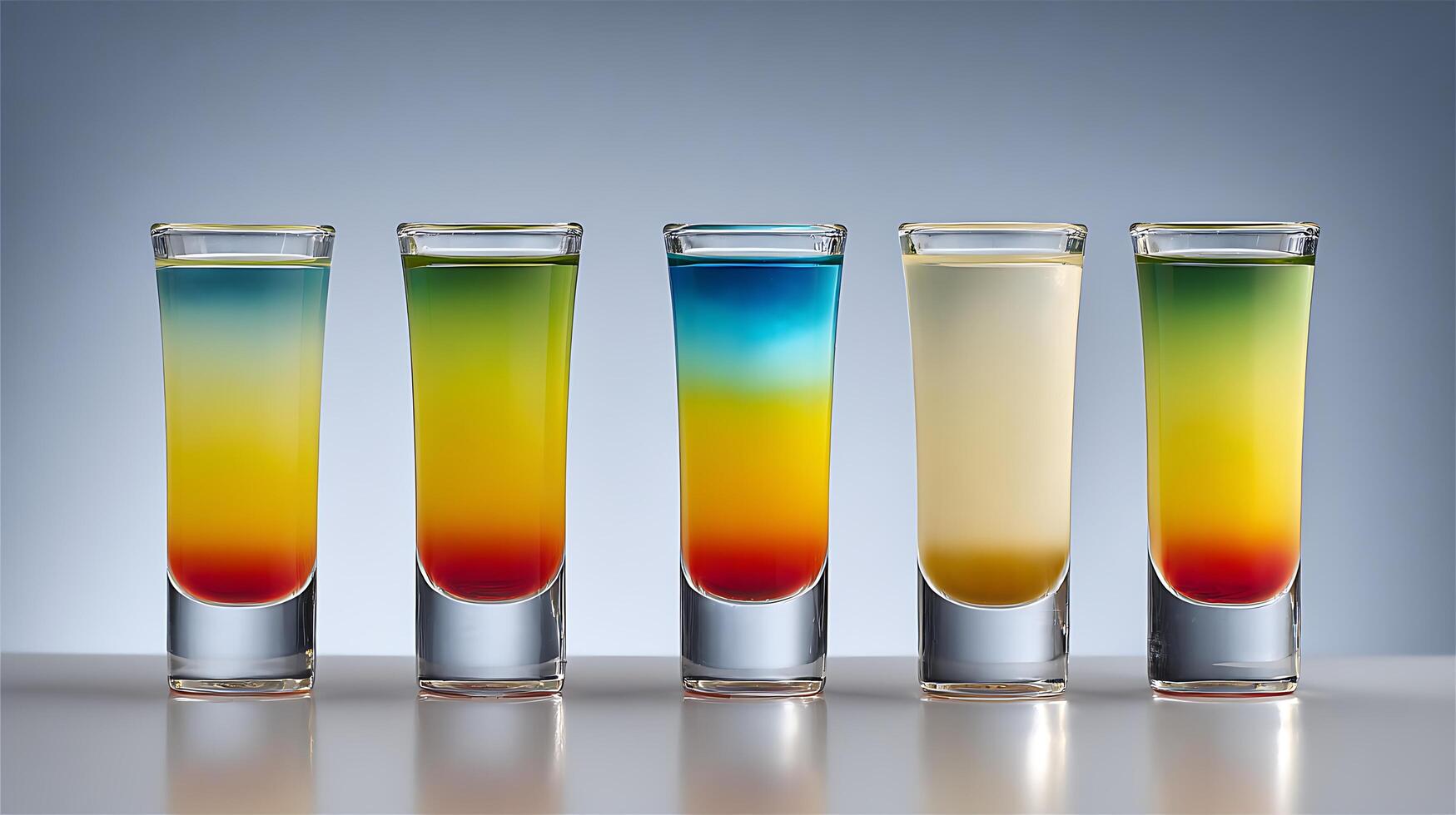 Five colorful layered shots lined up on a reflective surface. photo