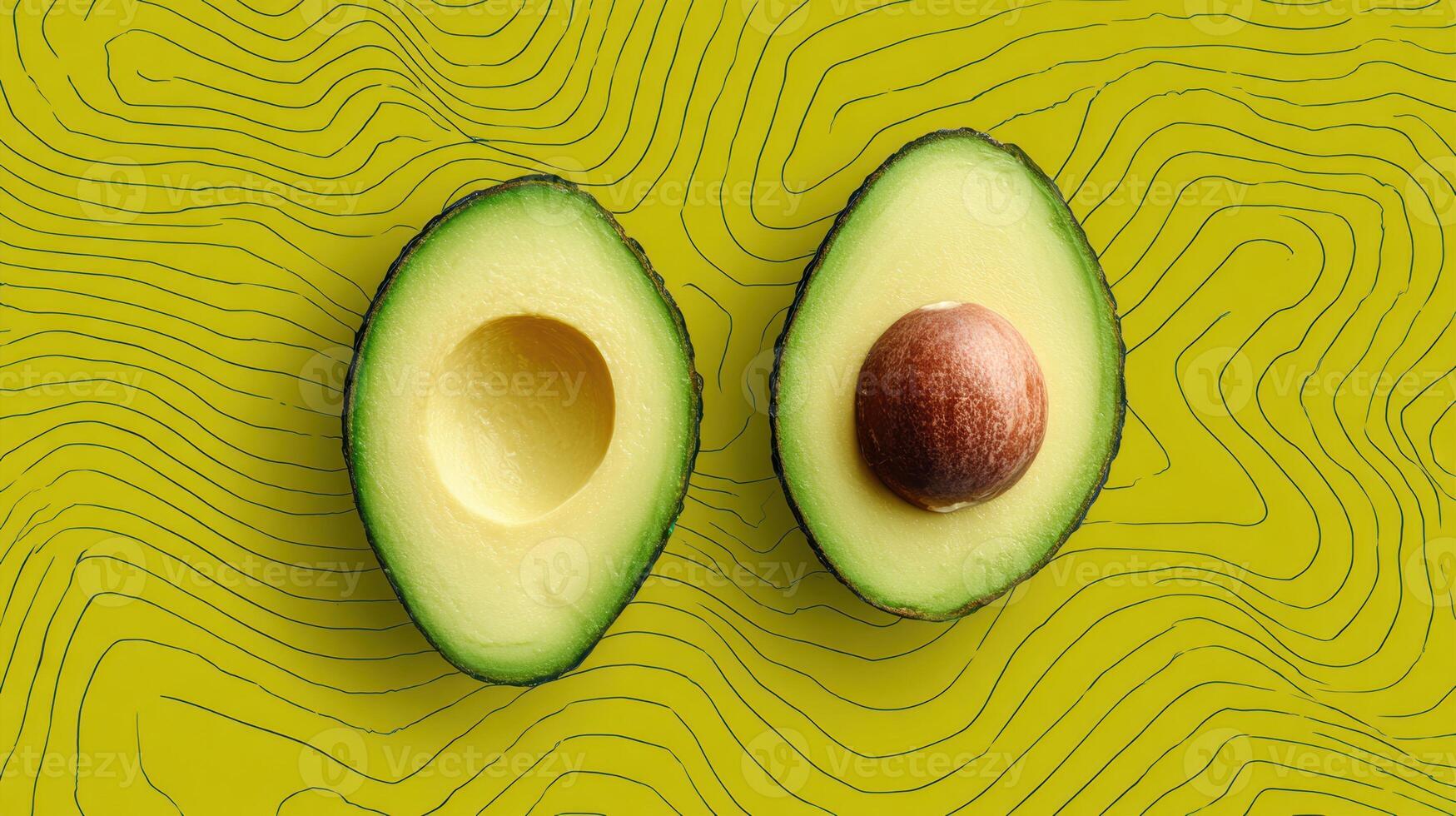 Avocado Halves Displayed on a Clean, Abstract Background With a Minimal Overlay, Perfect for Healthy Food Themes photo