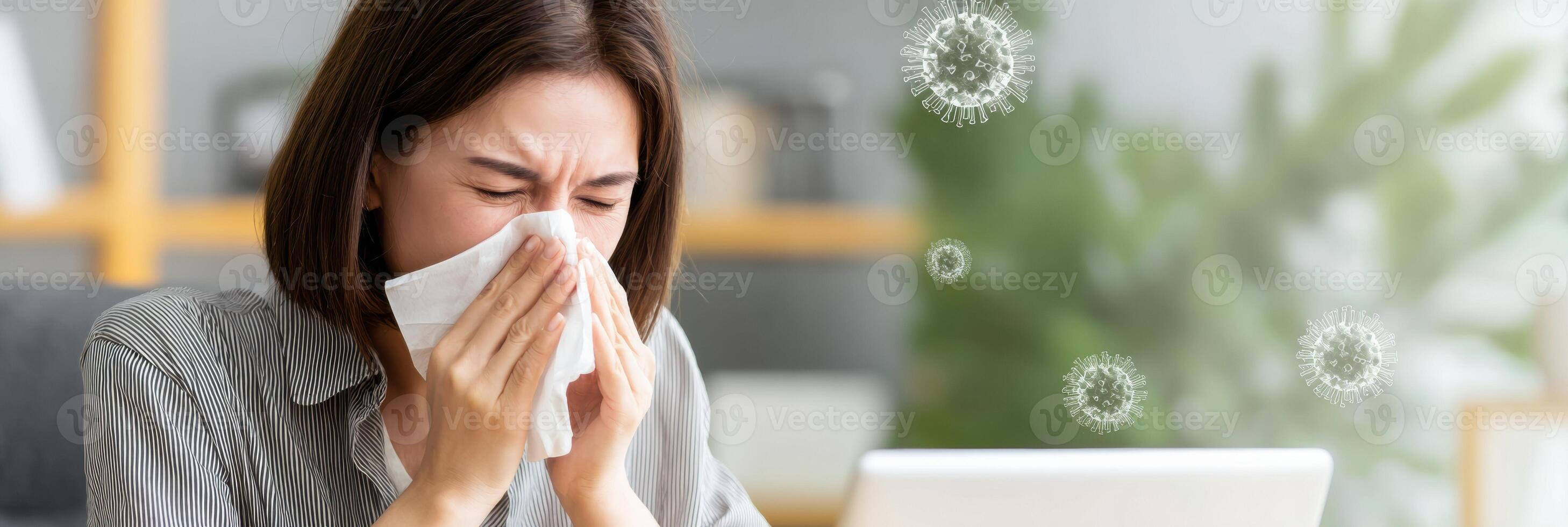 Health Report Overlay on Digital Device While a Person Sneezes in a Modern Workspace During Daylight Hours photo