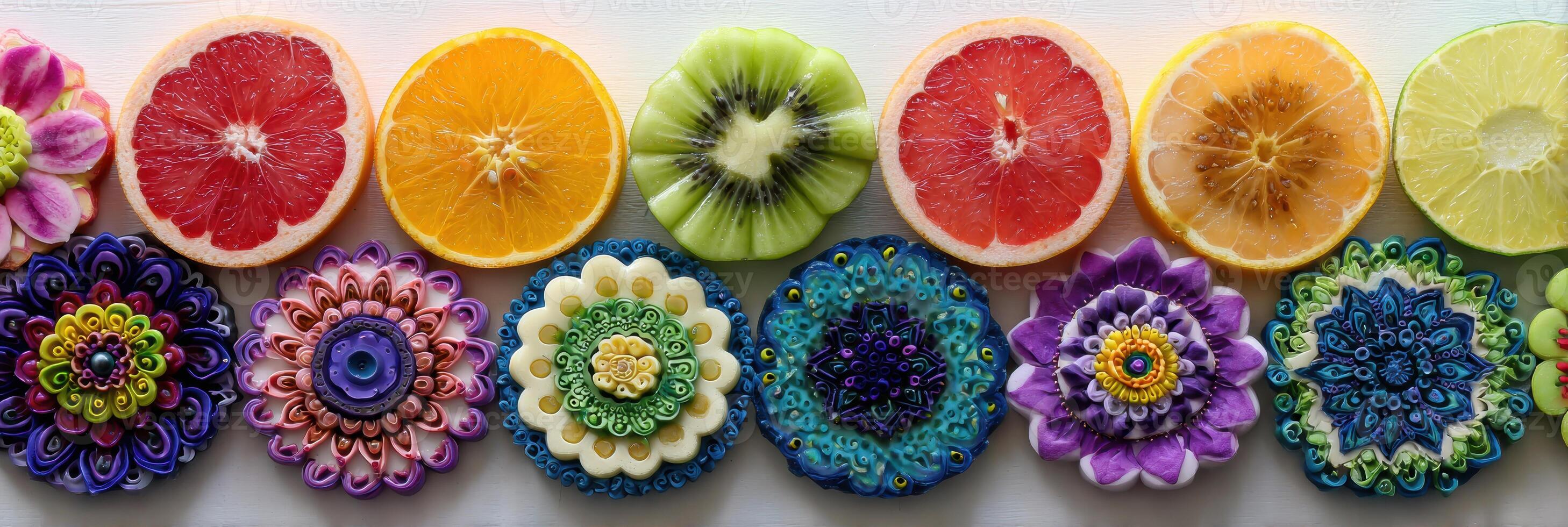 Colorful Mandalas Arranged With Fruit Slices Creating a Vibrant Display Reflecting Modern Yoga Aesthetics at a Serene Location photo