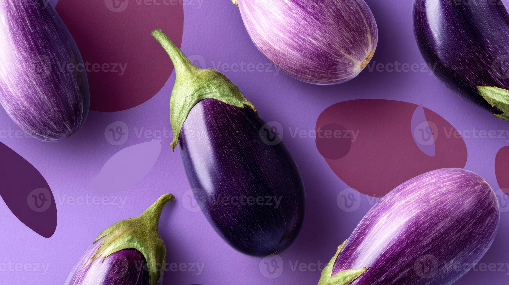 Vibrant Eggplants Arranged on Abstract Shapes in a Clean Studio Setting Showcasing Rich Colors and Textures photo