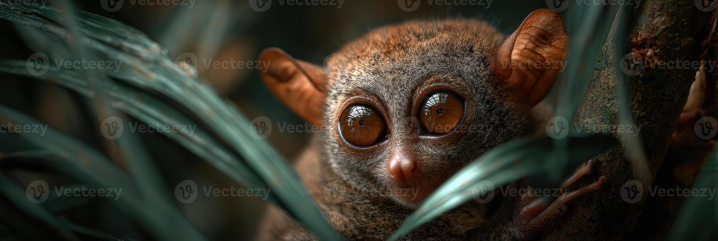 Tarsier With Wide Eyes Observes Its Surroundings in Twilight Forest Hues Surrounded by Soft Foliage and an Inviting Space for Text Above photo