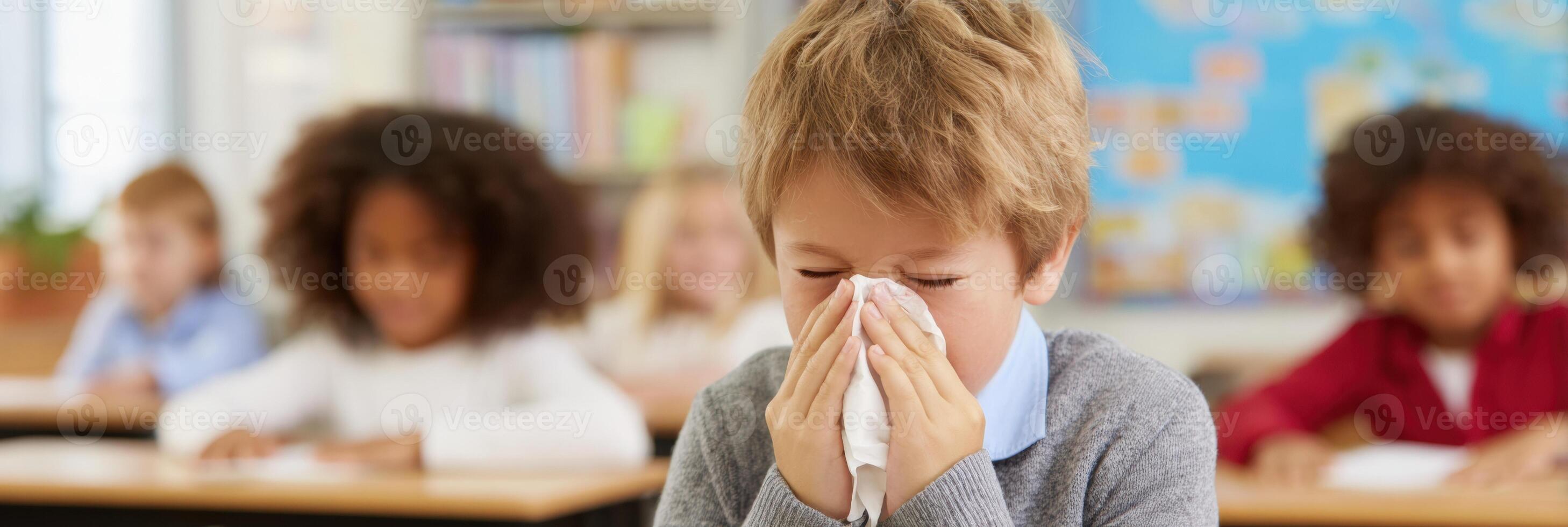 Children Engaged in Classroom Activity With One Child Sneezing While Others Focus on Their Tasks During a Lesson photo