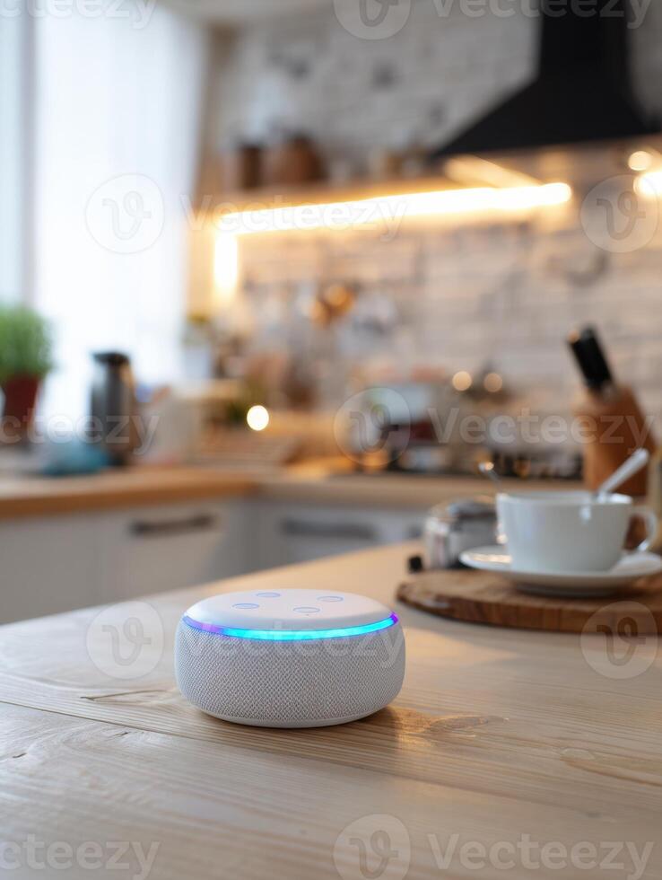Smart Speaker Responds in Bright Kitchen While Simplifying Daily Tasks During Morning Routine in Open Area photo