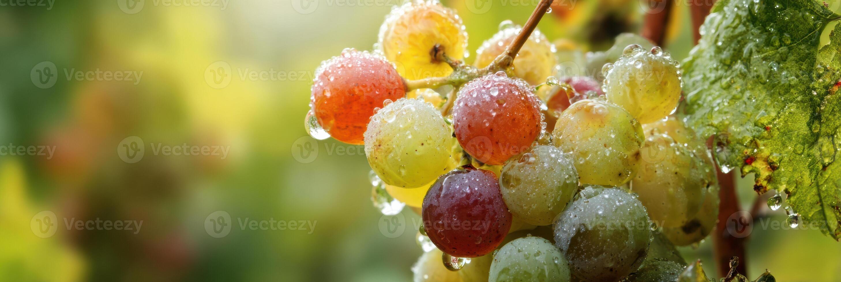 Close-up View of Fresh Grapes on Vine Sparkling With Morning Dew in a Vineyard During Sunrise Revealing Lush Green Leaves photo