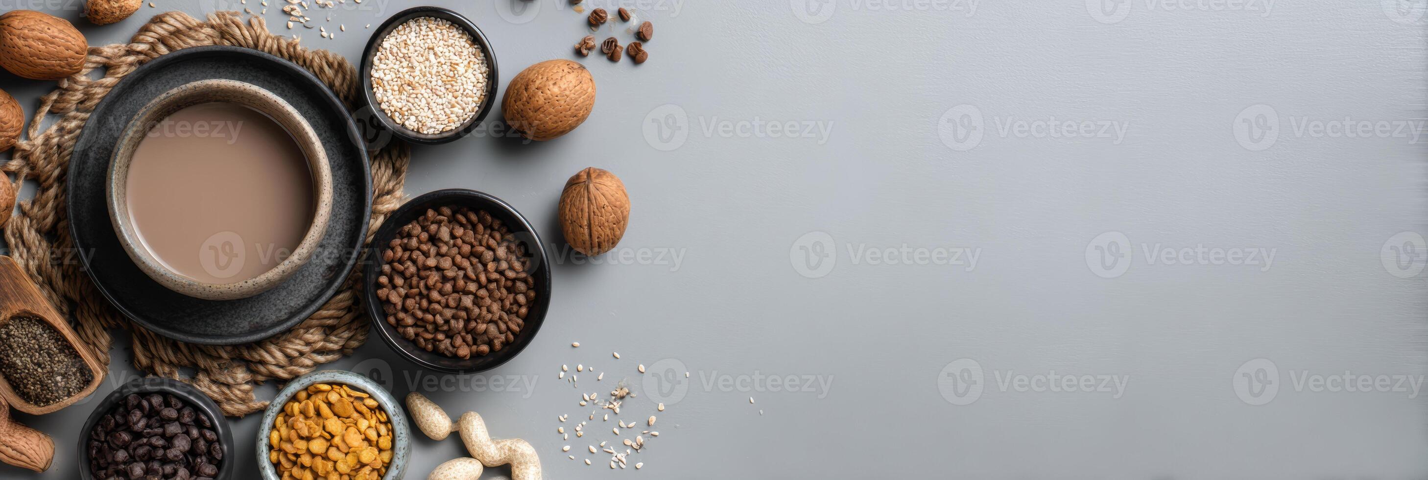 Modern Branding Mockup of Pet Food Label With Ingredients Arranged on a Gray Surface and Available Space for Additional Design Elements photo