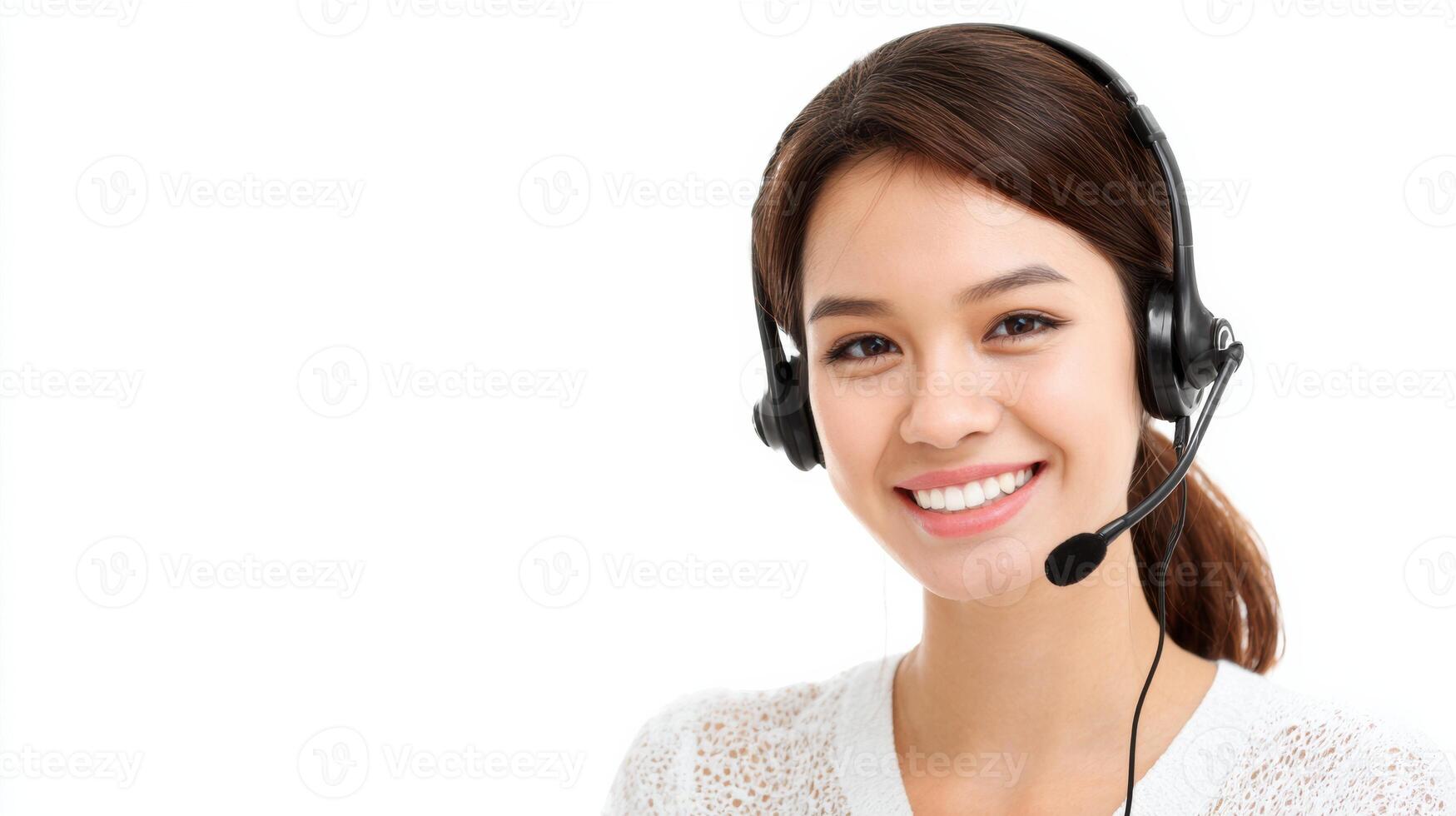 Customer Support Agent Wearing Headset Smiles in Bright Workspace During Interaction With Clients photo