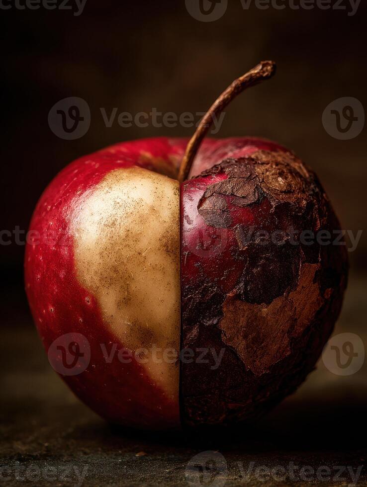 Artistic Contrast Between a Fresh Apple and a Rotten Apple Symbolizing the Fragility of Life and the Passage of Time in a Still Moment photo