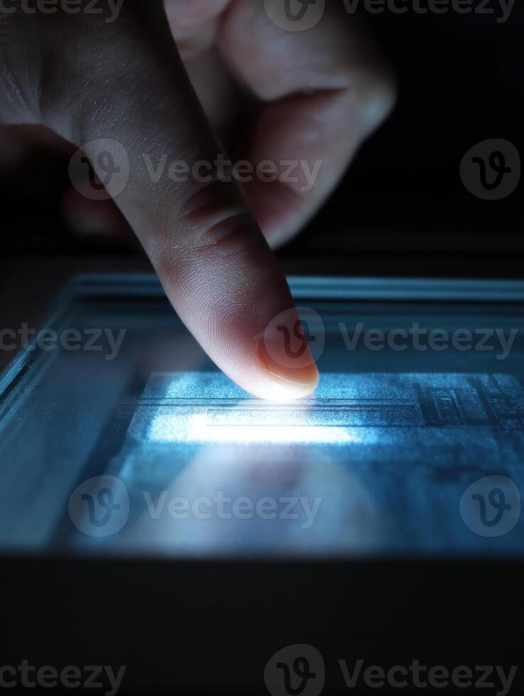 Digital Scratch Card Glowing Brightly Under Finger Swipe, Revealing Details in a Darkened Setting for an Engaging User Experience photo