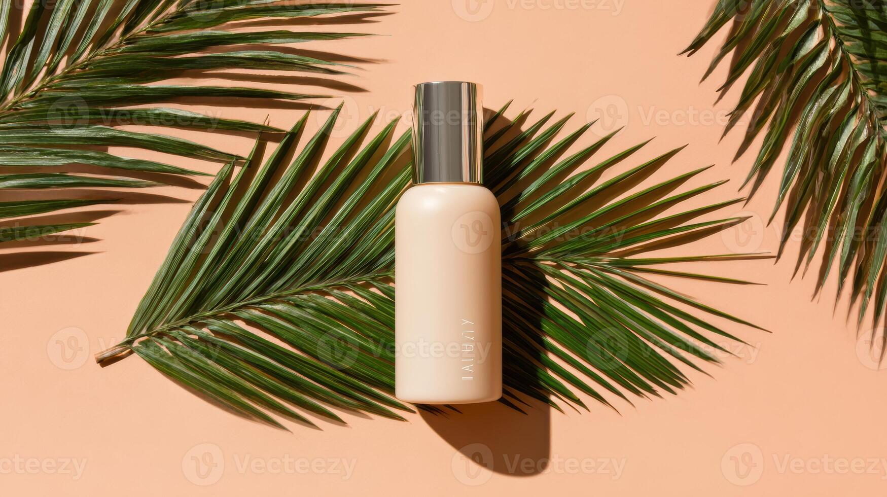 Beige Skincare Product Bottle on Palm Leaf Against a Peach Background Creating a Fresh and Natural Aesthetic photo