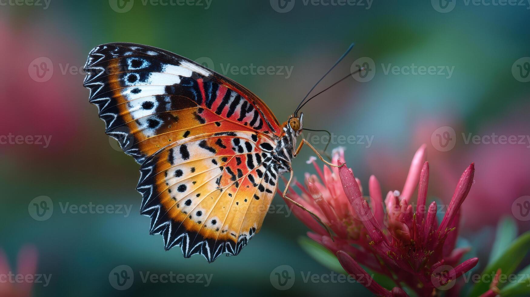 Exotic Butterfly Resting on a Vibrant Flower in a Lush Garden During Daylight Hours photo