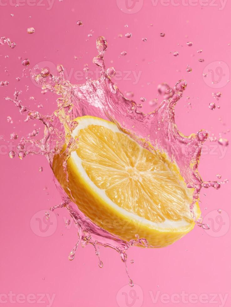 Lemon Slice Creating Splash Effect on Bright Pink Background in Lower Right Composition photo