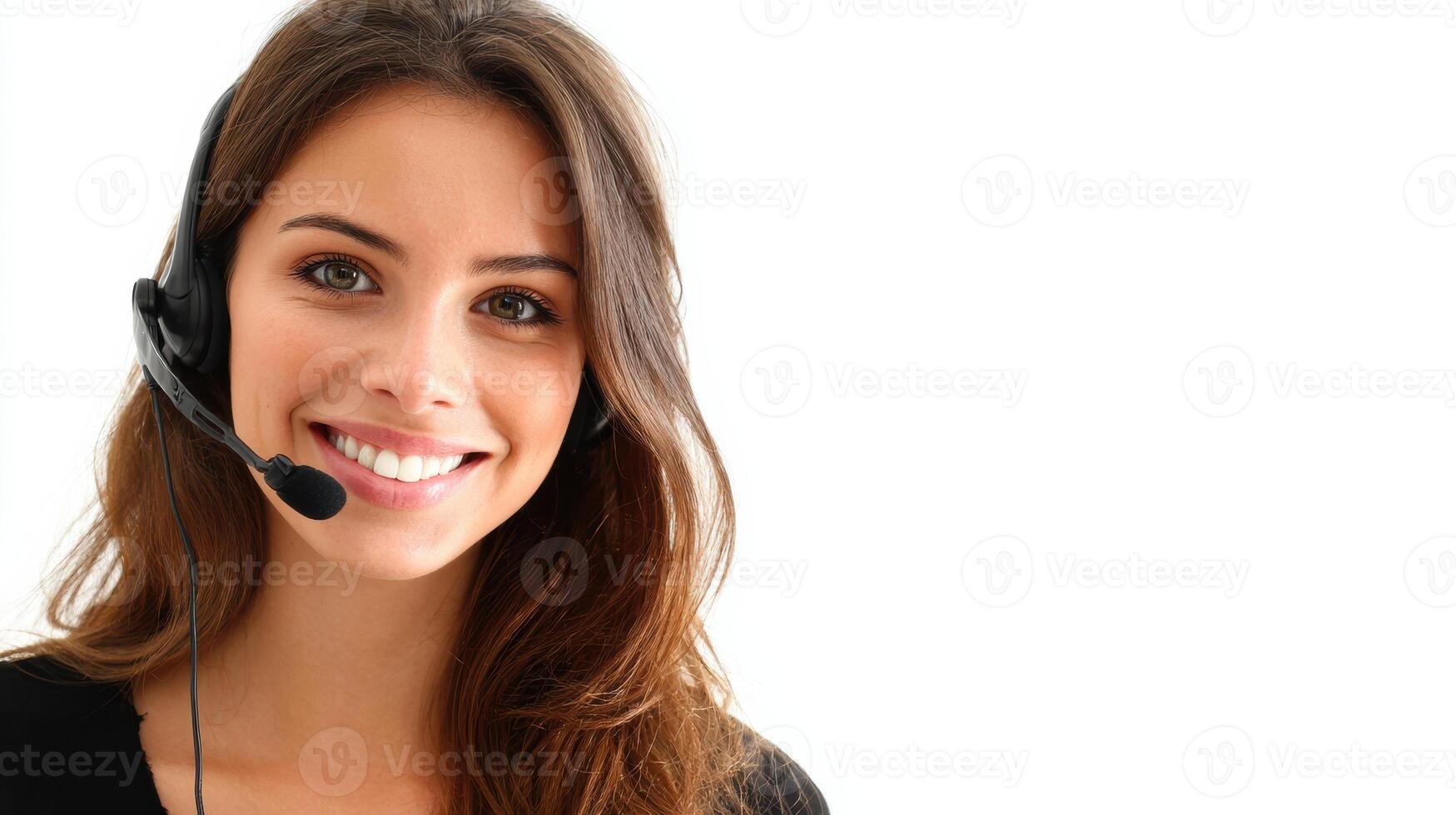 Customer Support Agent Smiling With Headset Providing Assistance in a Professional Environment photo