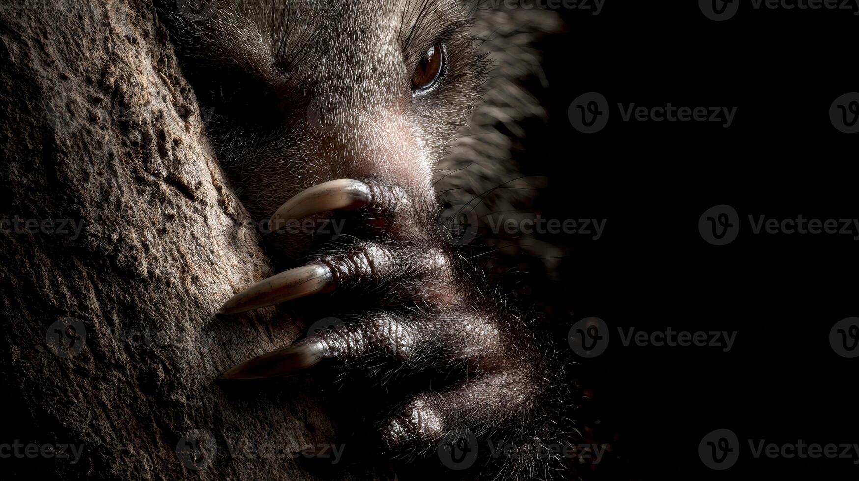 Close-up View of Aye-Aye Fingers Gripping Tree Bark in Moody Lighting Showcasing Unique Adaptation at Dusk photo