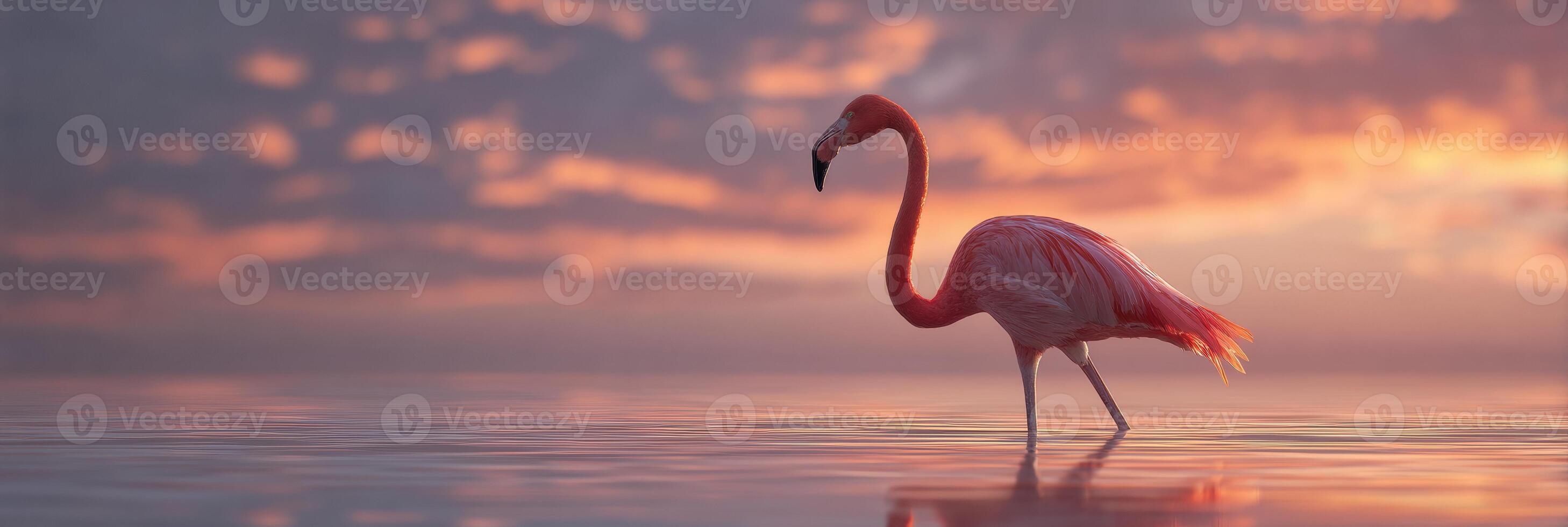 Flamingo Standing Gracefully in Shallow Water During a Stunning Sunset With Vibrant Colors and Reflective Clouds photo