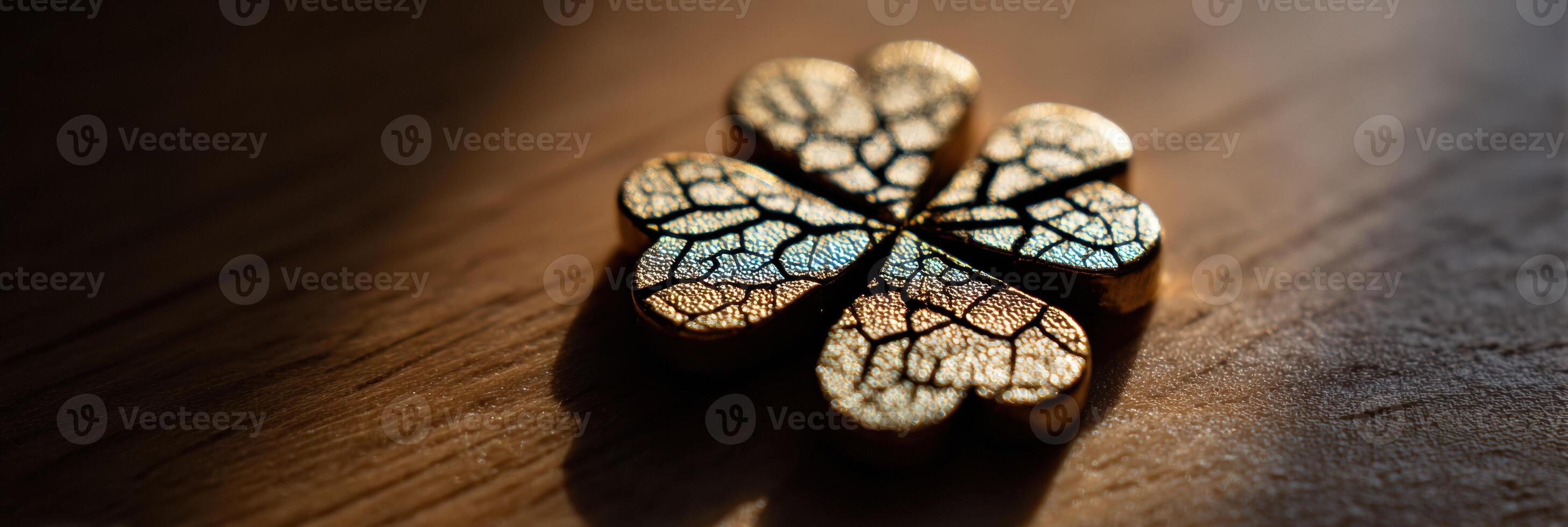 Cracked Lucky Charm Rests on Polished Table in Warm Light, Highlighting Intricate Textures and Fine Details photo