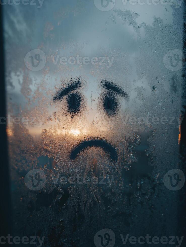 Sick Emoji Face Drawn on a Steamed Glass Window With Moody Tones and an Empty Left Part During a Cloudy Sunrise photo