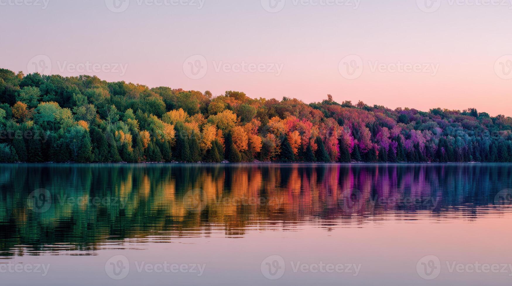 Colors of Pride Reflecting on a Tranquil Lake at Twilight in a Serene Outdoor Setting photo
