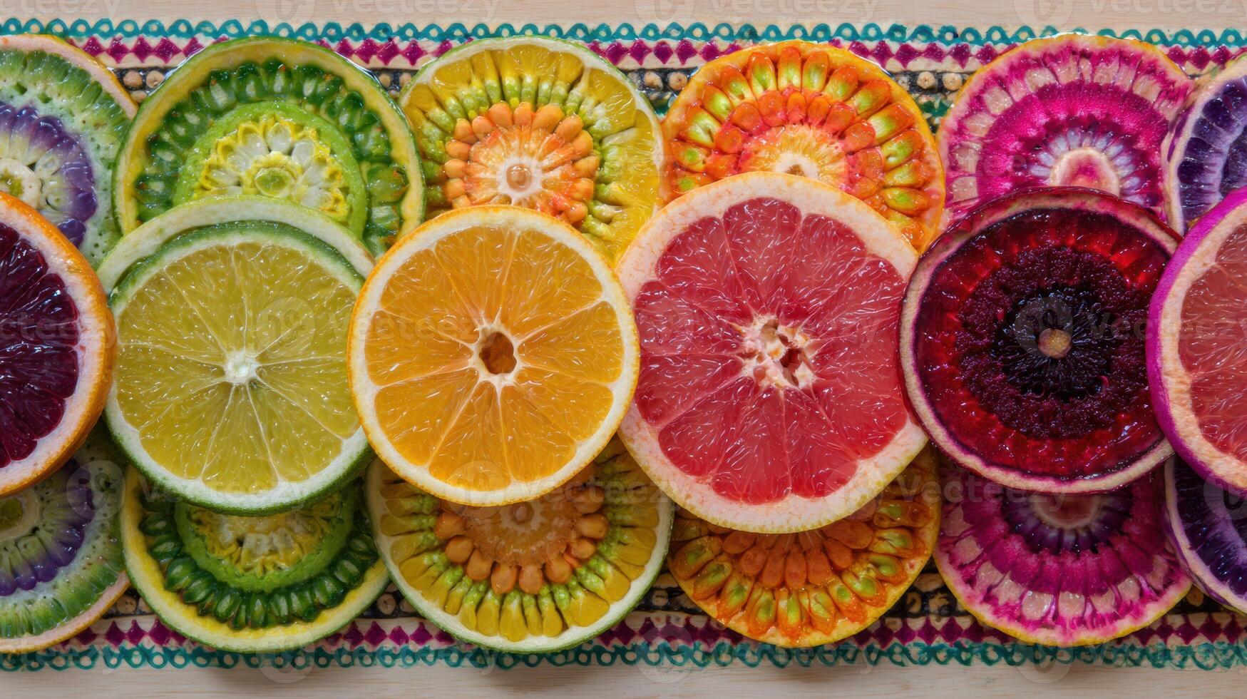 Colorful Fruit Mandalas Create a Vibrant Modern Yoga Atmosphere, Showcasing Vibrant Slices Arranged in Intricate Designs photo