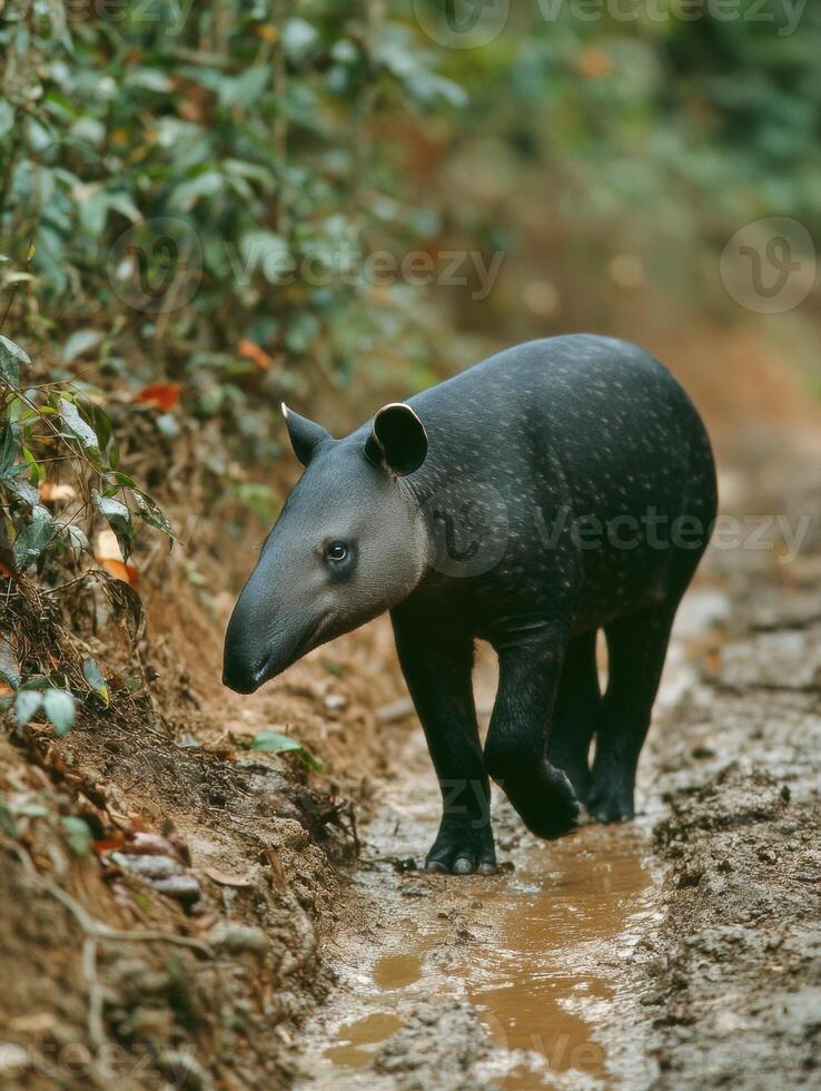 Malayan Tapir Exploring Muddy Forest Path in Lush Surroundings During Daylight photo