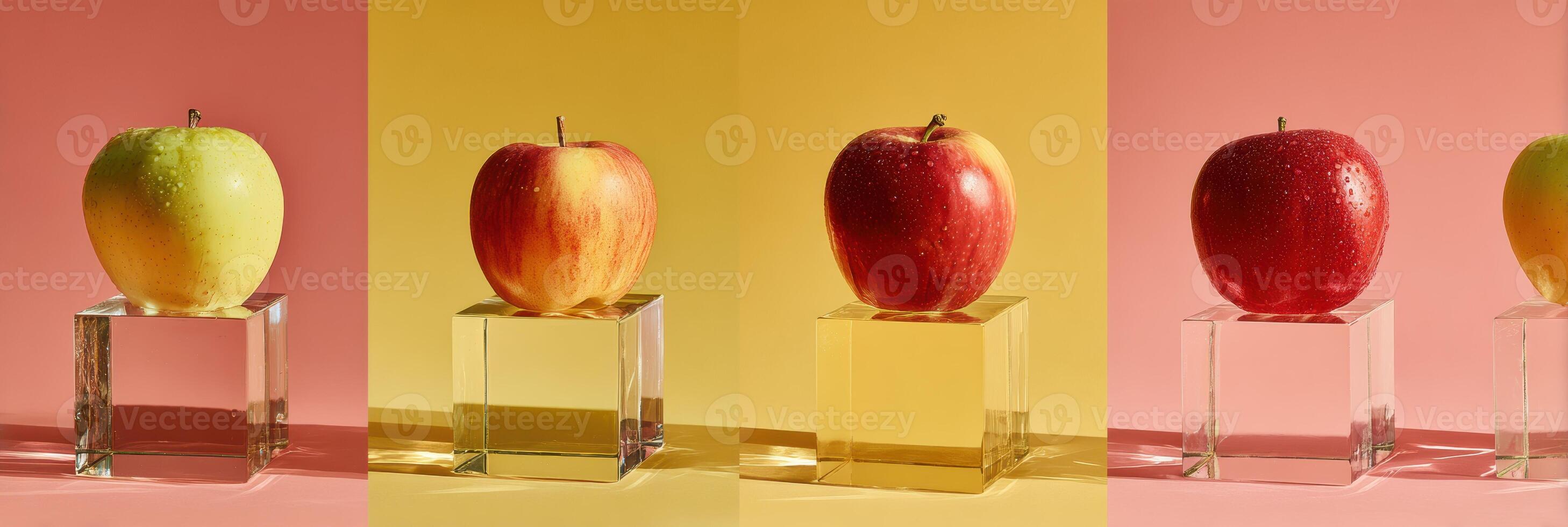 Vibrant Apples Resting on Transparent Blocks Against a Colorful Backdrop, Showcasing a Clean Studio Setting photo
