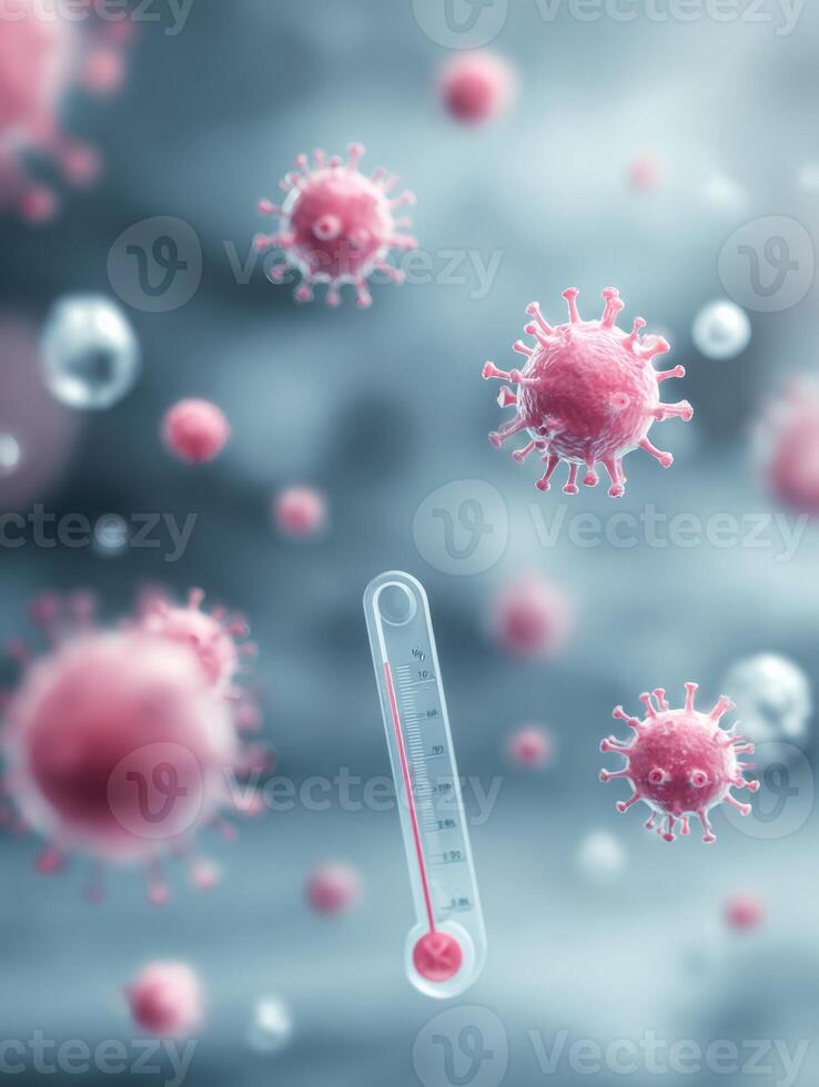 Virus Icons Appearing Near a Blurred Tissue Box and Thermometer in a Calming, Clinical Setting Highlighting Health Concerns photo
