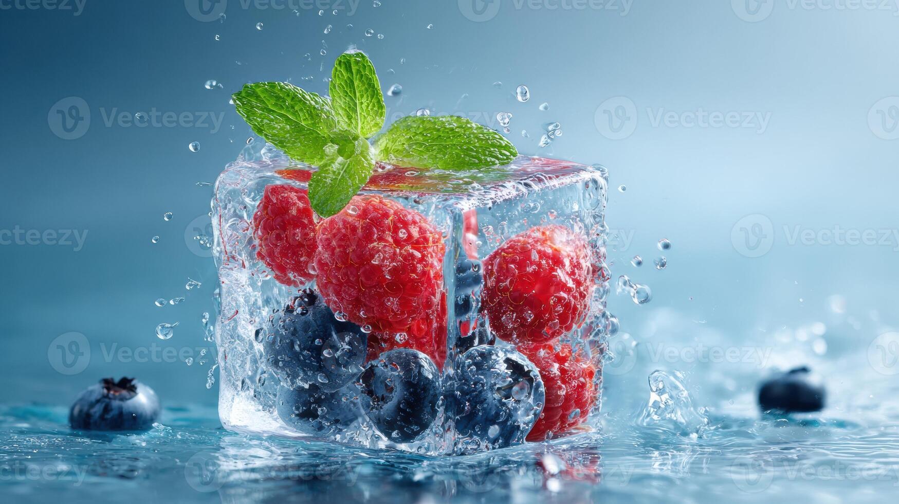 Melting Ice Cube With Fresh Mint and Berries in a Cool Splash of Water on a Serene Surface photo