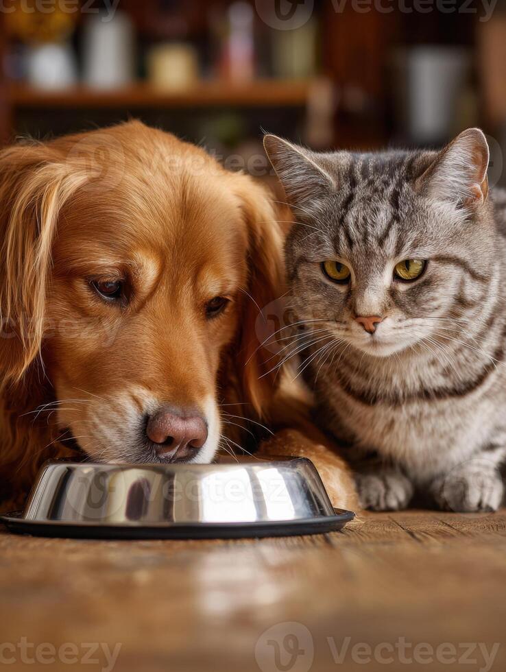 Dog and Cat Share Food Bowl in Warm Home Setting, Showcasing Friendship and Comfort During Mealtime Together photo