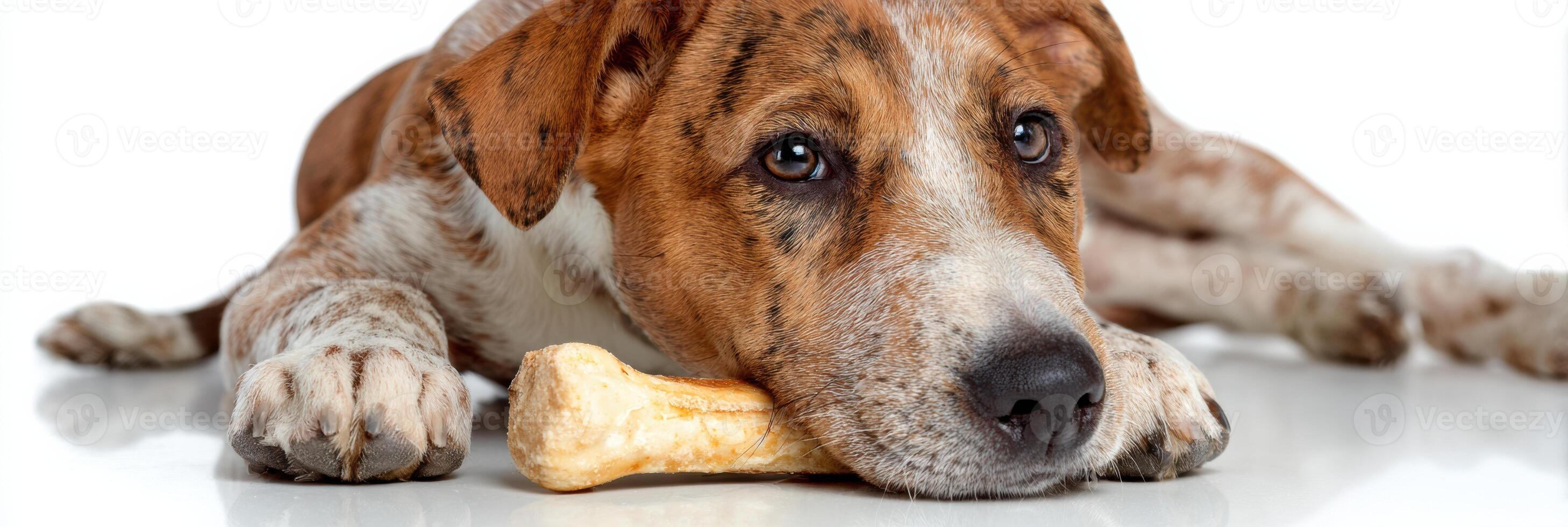 Dog Happily Chewing on a Bone Over a Clean White Background With Space for Text photo
