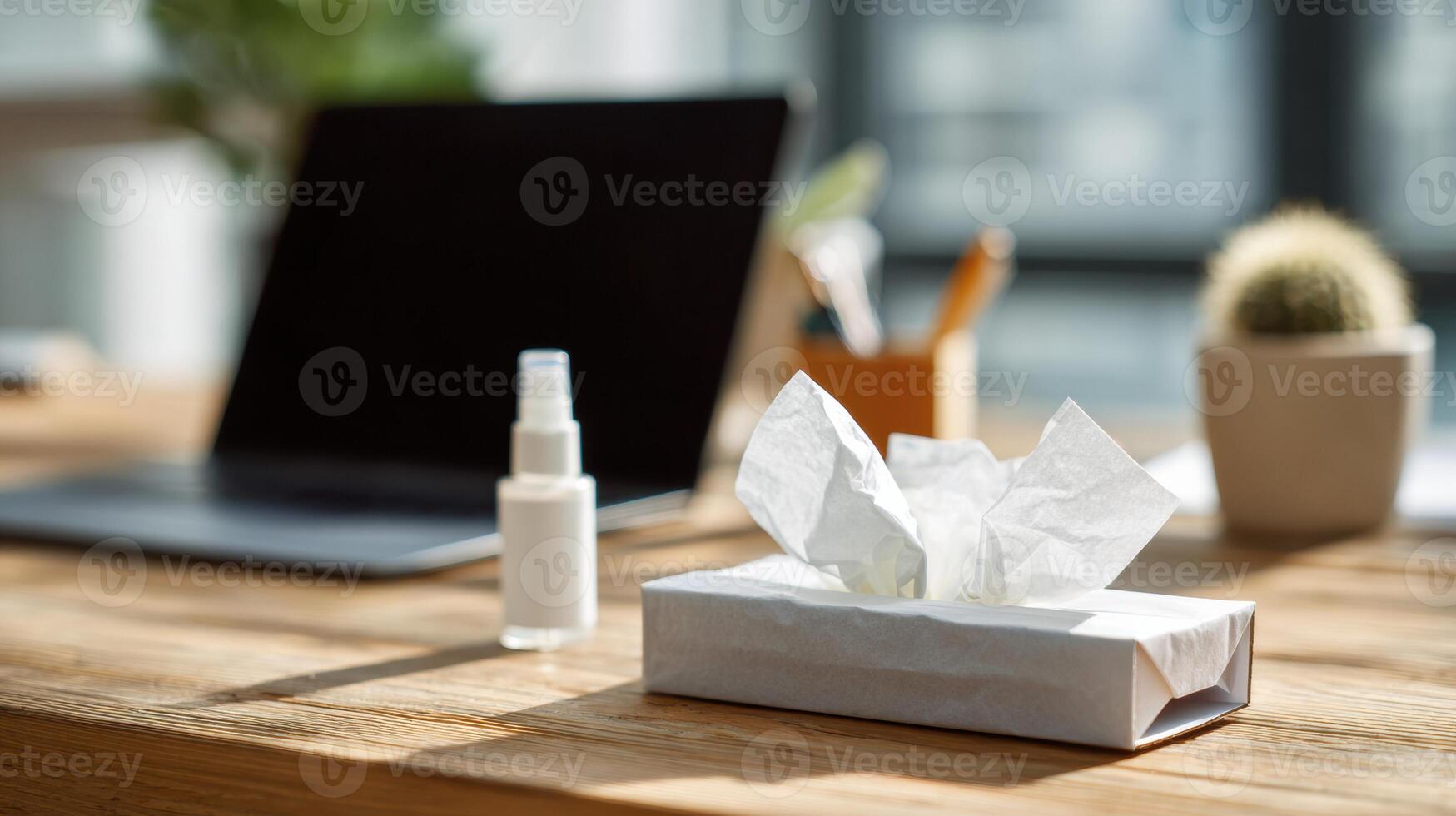 Nasal Spray and Tissue Packet on Office Desk During Remote Work Season in Minimalistic Workspace photo