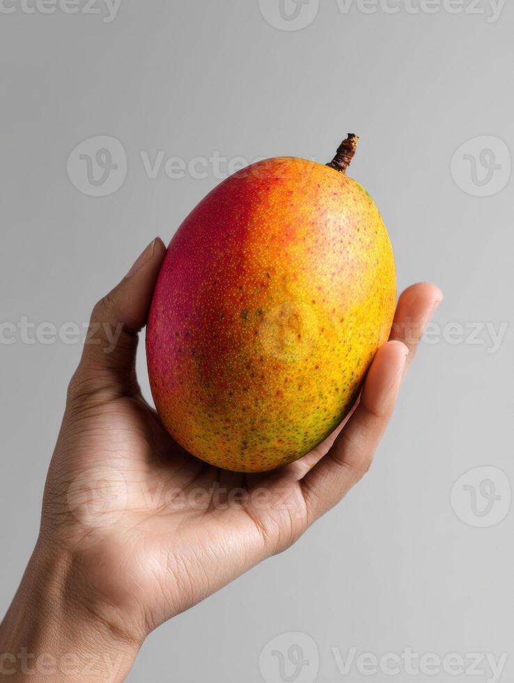 Hand Gently Holding a Ripe Mango Against a Soft Monochrome Background Inviting Fresh Tropical Flavors and Seasonal Delight photo